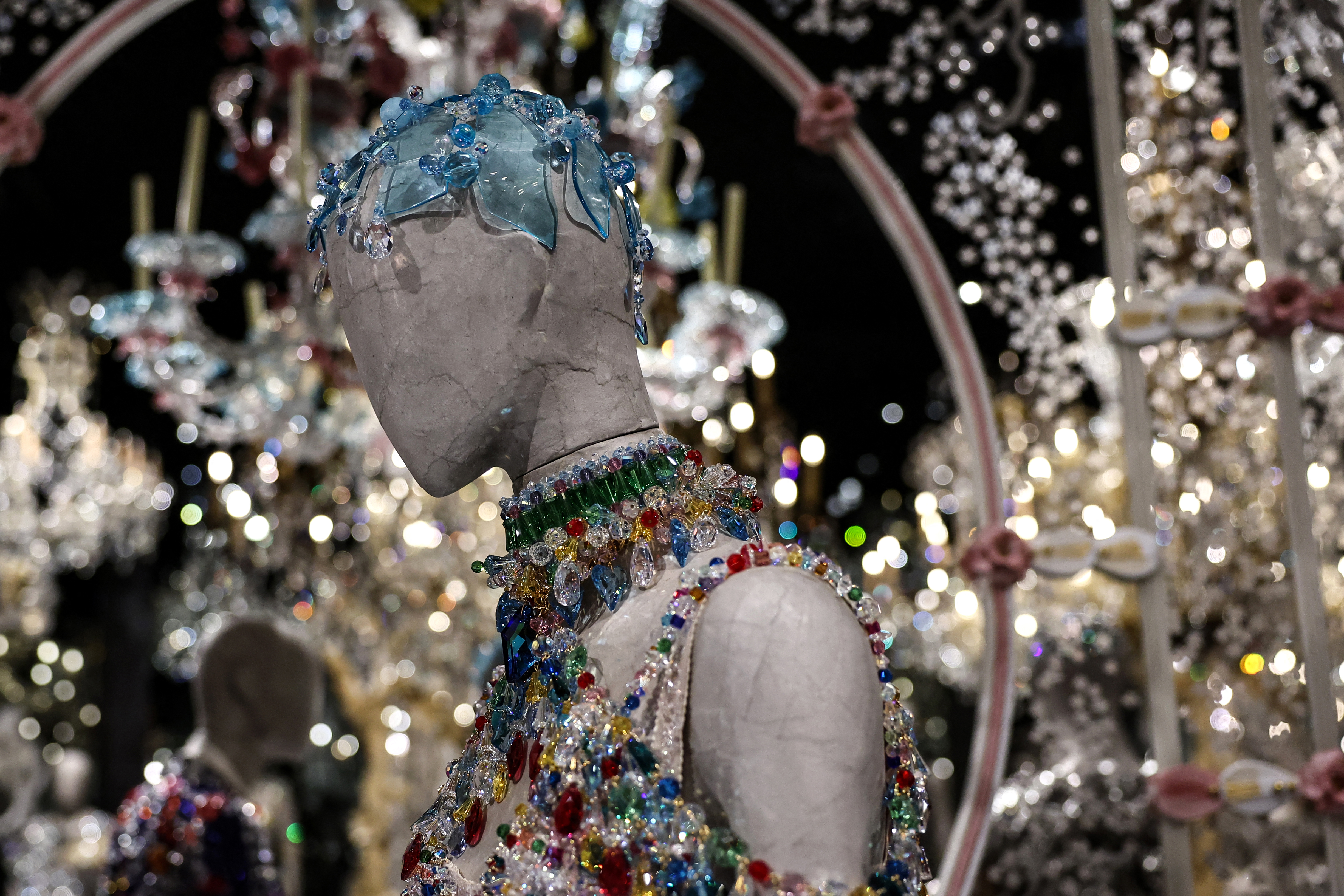This photograph shows a creation of Italian luxury fashion house Dolce & Gabbana in the "Art and Craft of Glassworking" room during the press preview of the exhibition "From the Heart to the Hand: Dolce&Gabbana" at the Grand Palais in Paris on January 9, 2025.