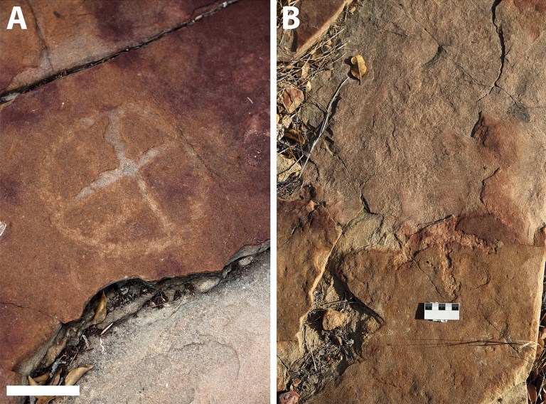 Encuentran arte rupestre de hace 9.400 años en medio de huellas de dinosaurios