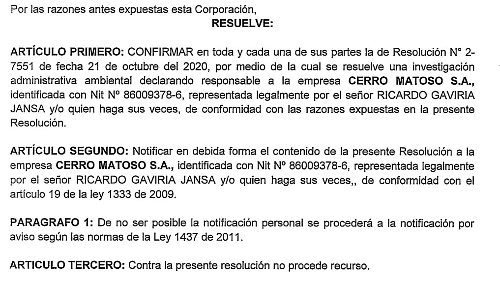Copia de la sanción ambiental impuesta a Cerro Matoso en abril de 2022 por contaminación del aire.