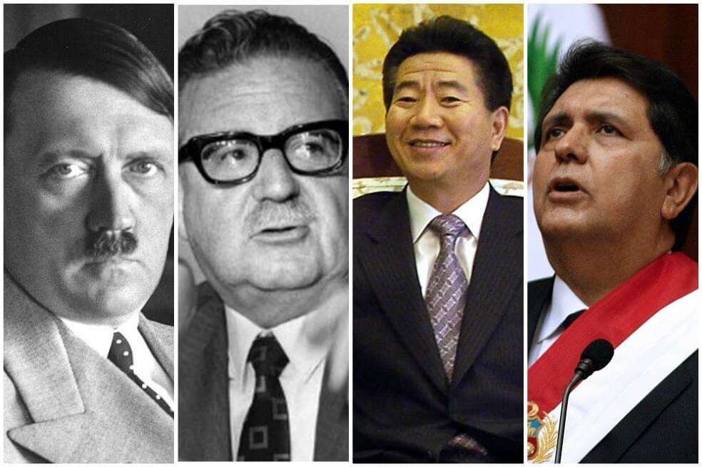 Adolfo Hitler, Salvador Allende, Roh Moo-hyun y Alan García optaron por quitarse la vida, cada uno por diferentes razones. / Fotomontaje AFP/Wikimedia Commons
