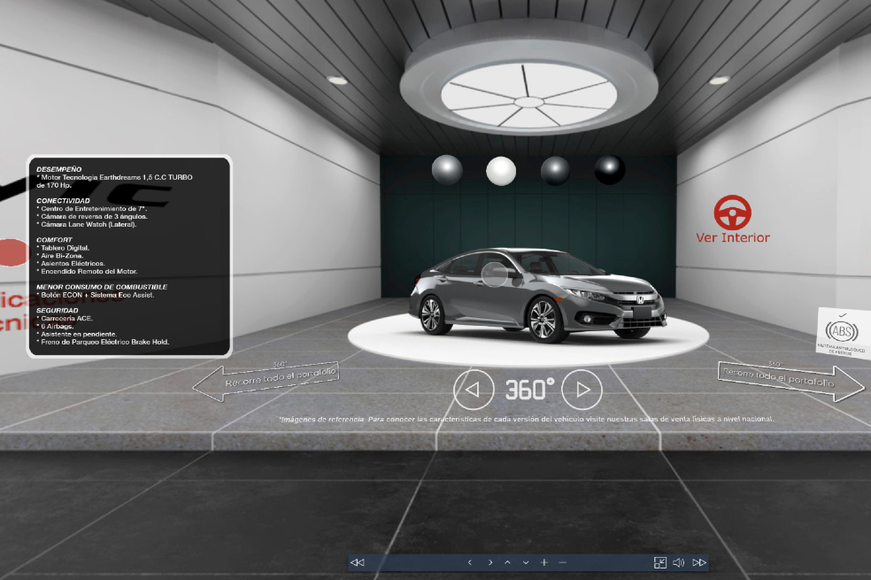 Cada uno de los modelos cuenta con su propio desarrollo de 360º, desde el exterior hasta el interior del vehículo, en donde las personas no solamente pueden ver las especiﬁcaciones técnicas, sino también sentirse dentro del carro de sus sueños. El Honda 360 Next detalla cada una de las características de los vehículos y brinda la oportunidad a las personas de ver cada modelo en el color que preﬁeran.