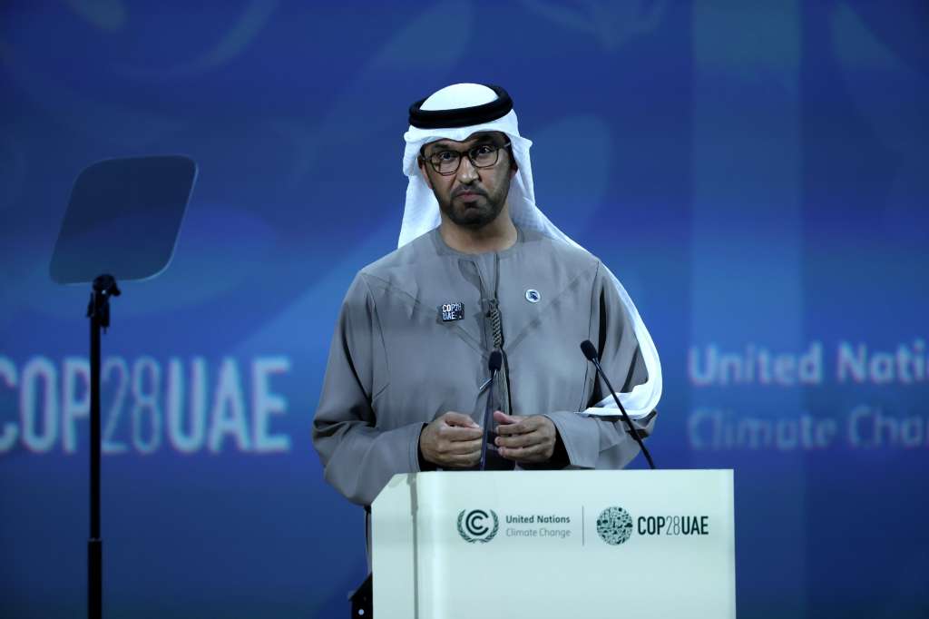 Dubai (United Arab Emirates), 02/12/2023.- Dr. Sultan Ahmed Al Jaber, President-Designate of COP28 and UAE's Minister for Industry and Advanced Technology, speaks at COP28 summit on methane and other non-CO2 greenhouse gases during the 2023 United Nations Climate Change Conference (COP28) at Expo City Dubai in Dubai, UAE, 02 December 2023. The 2023 United Nations Climate Change Conference (COP28), runs from 30 November to 12 December, and is expected to host one of the largest number of participants in the annual global climate conference as over 70,000 estimated attendees, including the member states of the UN Framework Convention on Climate Change (UNFCCC), business leaders, young people, climate scientists, Indigenous Peoples and other relevant stakeholders will attend. EFE/EPA/ALI HAIDER