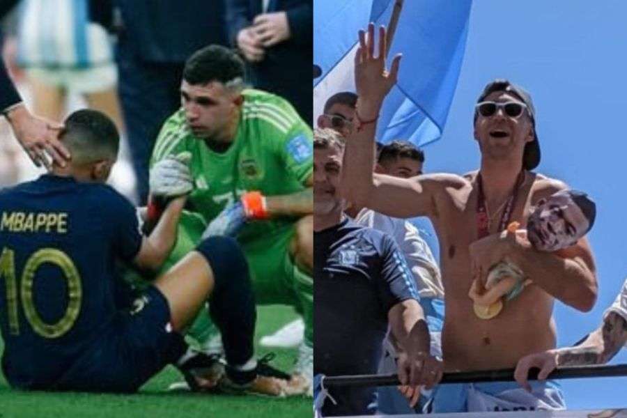 Mbappé y "Dibu" Martínez durante la final de la Copa del Mundo. / "Dibu" Martínez celebrando el triunfo en Argentina.