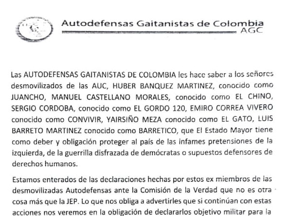 Panfleto del Clan del Golfo contra seis exparamilitares por ir a la Comisión de la Verdad