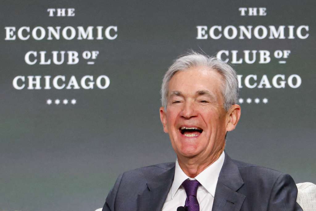 US Federal Reserve Chair Jerome Powell smiles as he speaks at the Economic Club of Chicago in Chicago, Illinois, on April 16, 2025.