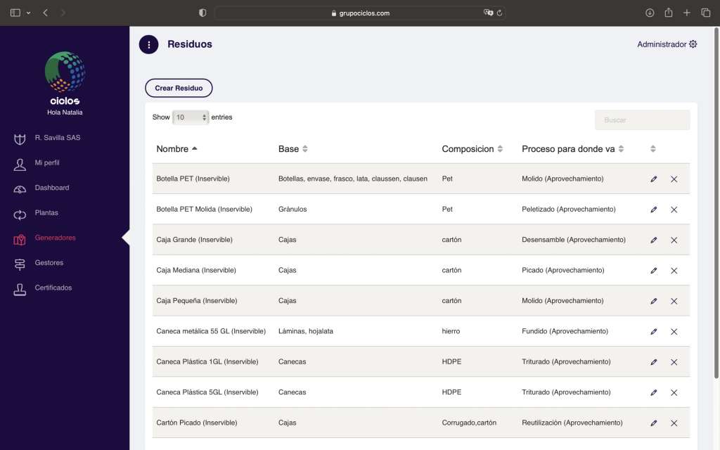 La plataforma de Grupo Ciclos permite gestionar cualquier tipo de residuo aprovechable o no aprovechable.