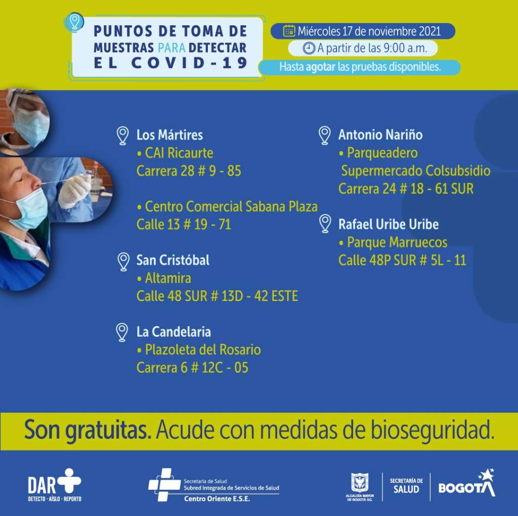 ¿Dónde hay pruebas gratuitas para COVID-19 este miércoles en Bogotá?