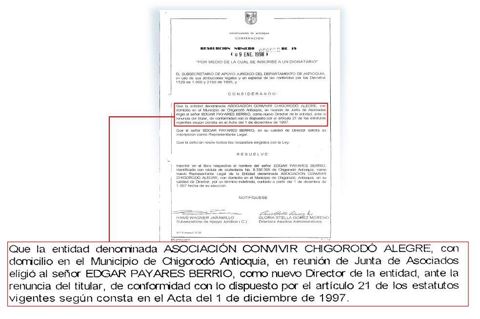 Facsímil de la resolución en la que la Gobernación de Antioquia oficializó el nombramiento de Edgar Payares Berrío como representante legal de la convivir Chigorodó Alegre.