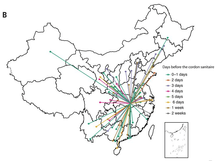 Mapa construido por el investigador Moritz Kraemer de la U. de Oxford y su equipo con datos de movilidad de China para mostrar los lugares a los que pudo viajar el virus antes del cierre de Wuhan.