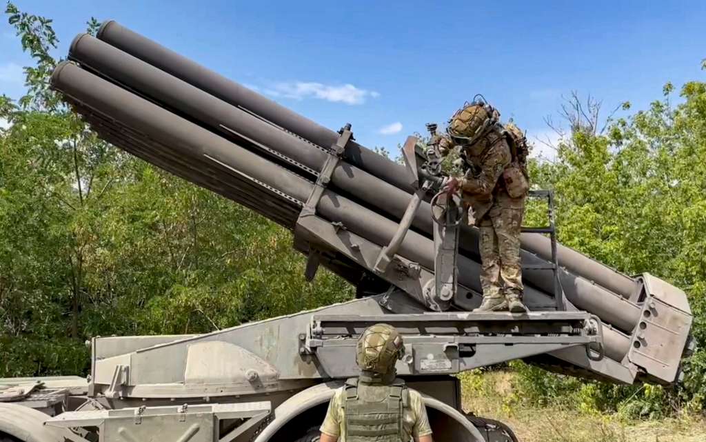 (Russian Federation), 11/08/2024.- A still image taken from handout video provided by the Russian Defence ministry press-service shows the crew of the 'ÄòUragan'Äô multiple launch rocket system of the artillery of the Vostok group of forces preparing for launch in one of the sections of the line of combat contact of the South Donetsk direction of the special military operation, Donetsk region, 11 August 2024. (Rusia, Ucrania) EFE/EPA/RUSSIAN DEFENCE MINISTRY PRESS SERVICE/HANDOUT HANDOUT HANDOUT EDITORIAL USE ONLY/NO SALESHANDOUT EDITORIAL USE ONLY/NO SALES