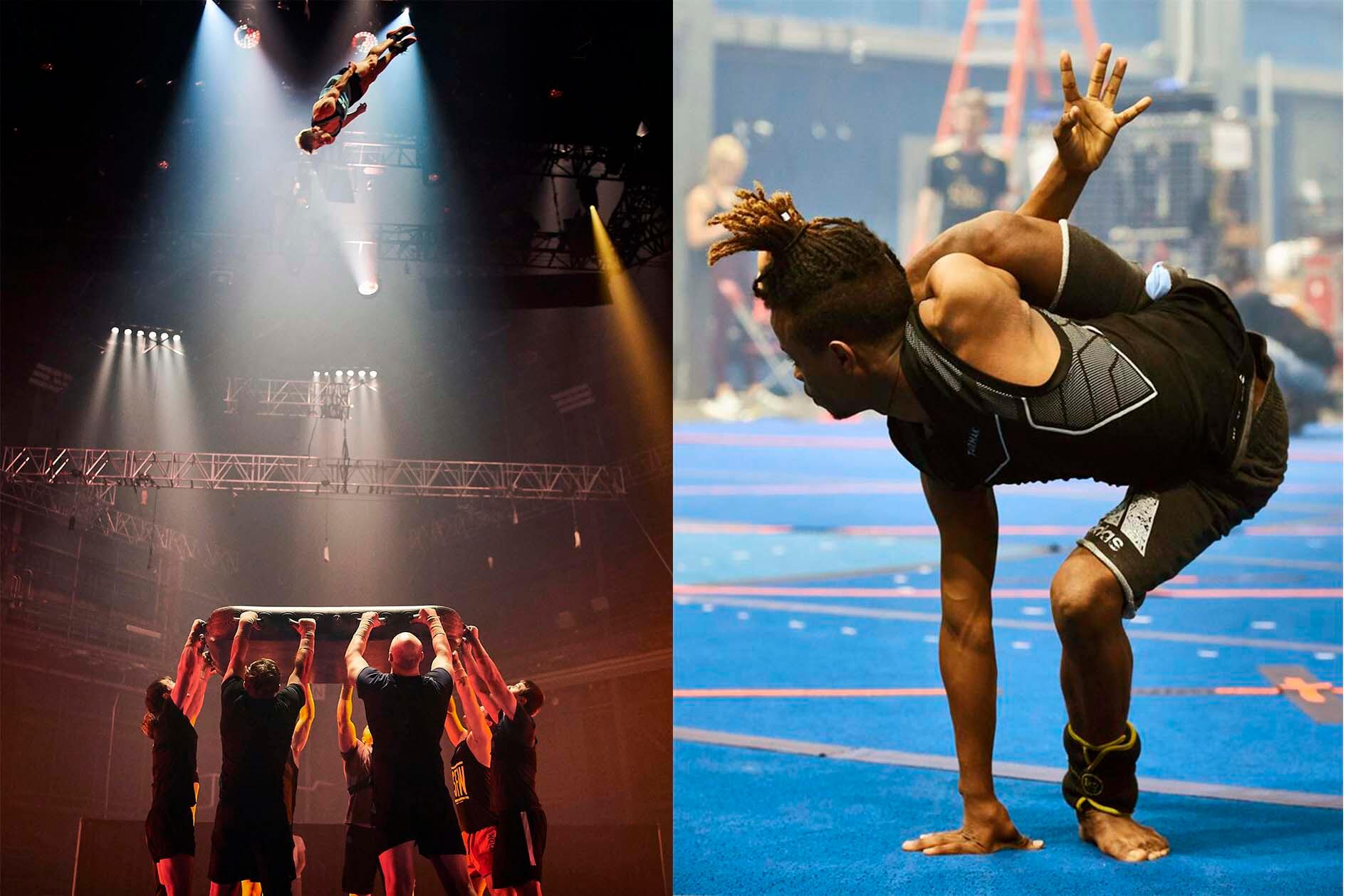 medio centenar de los mejores artistas de Cirquer du Soleil durante el ensayo de los números "imposibles" que se verán en el nuevo espectáculo "Messi 10", la primera exhibición circense inspirada en el mundo del fútbol de esta prestigiosa compañía canadiense que se estrenará el próximo 10 de octubre en Barcelona. / Cortesía