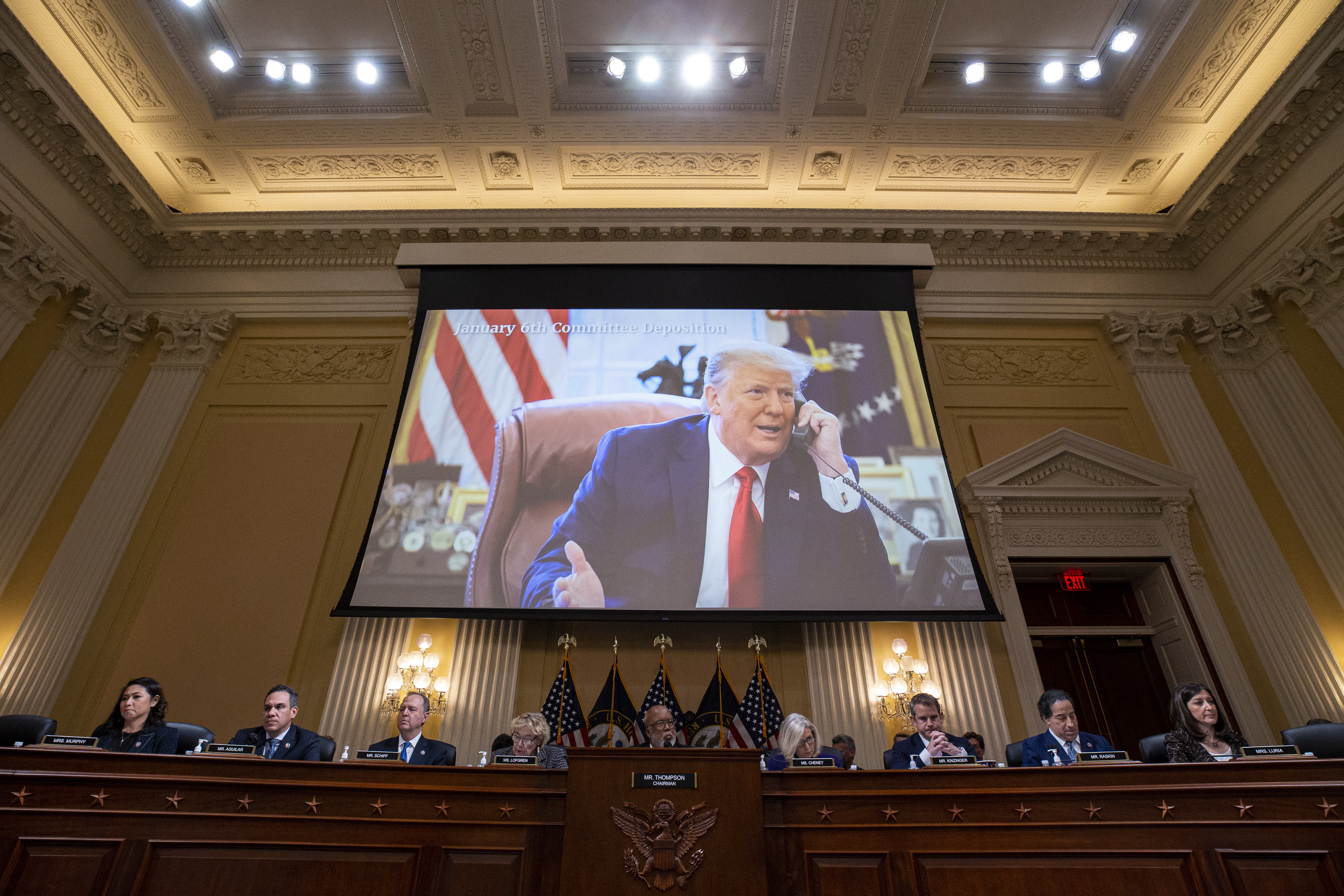 Washington (United States), 19/12/2022.- Former US President Donald Trump displayed on a screen during a hearing of the Select Committee to Investigate the January 6th Attack on the US Capitol in Washington, DC, USA, 19 December 2022. (Atentado, Estados Unidos) EFE/EPA/Al Drago / POOL