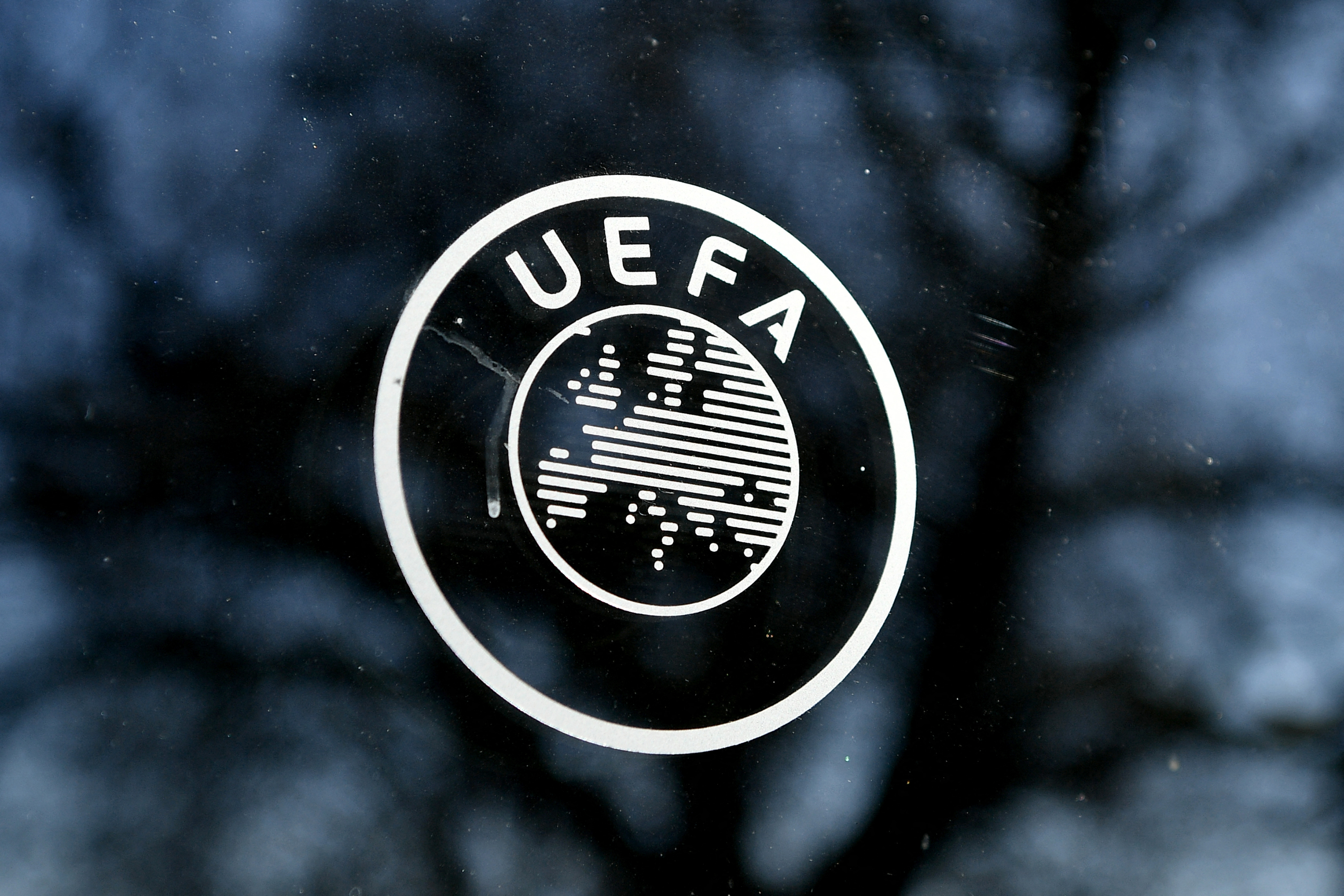 (FILES) This picture shows the UEFA logo at the organization's headquarters in Nyon on Febraury 28, 2020.