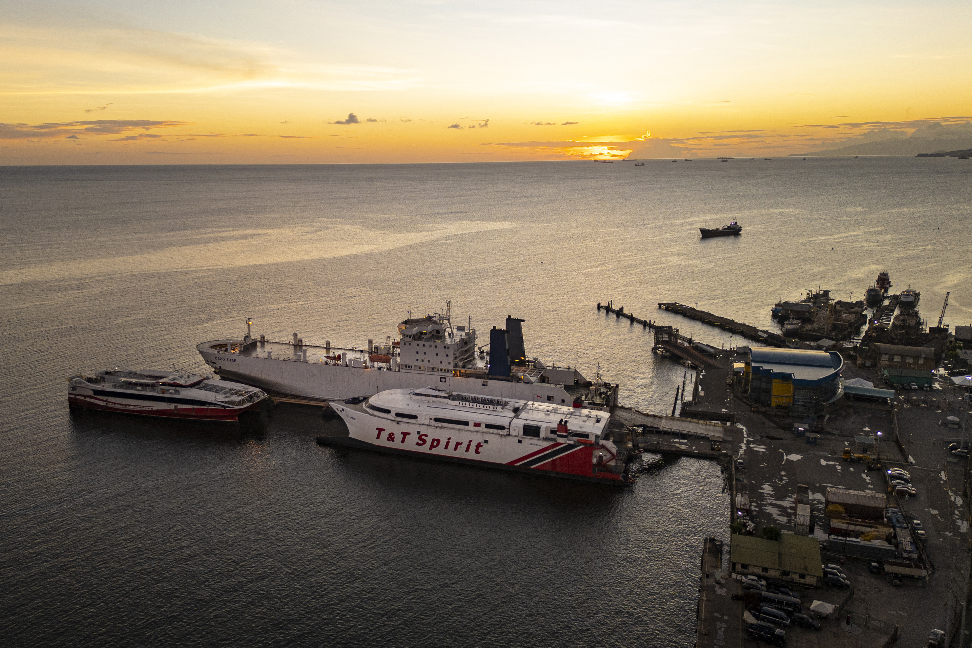 This aerial view shows the main port in Port of Spain on October 25, 2025.