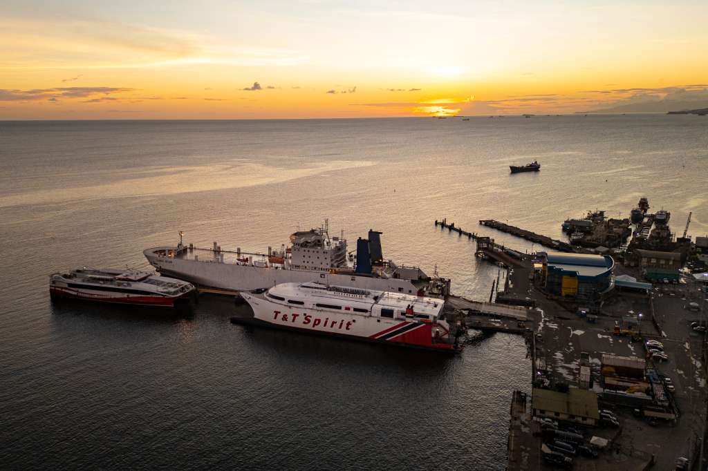 This aerial view shows the main port in Port of Spain on October 25, 2025.