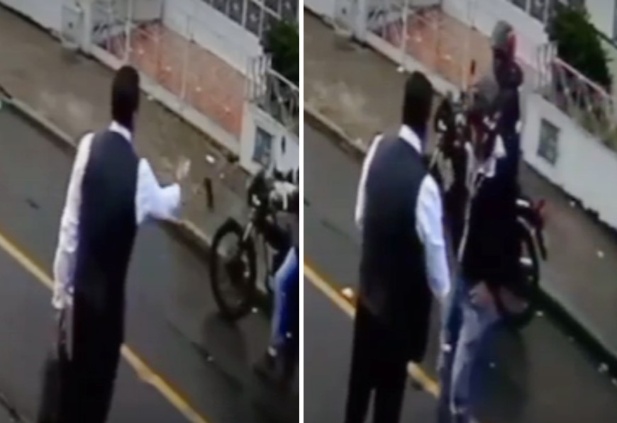 Toma del momento en el que oficinista lanza su celular a los ladrones al percatarse de que lo iba a atracar.