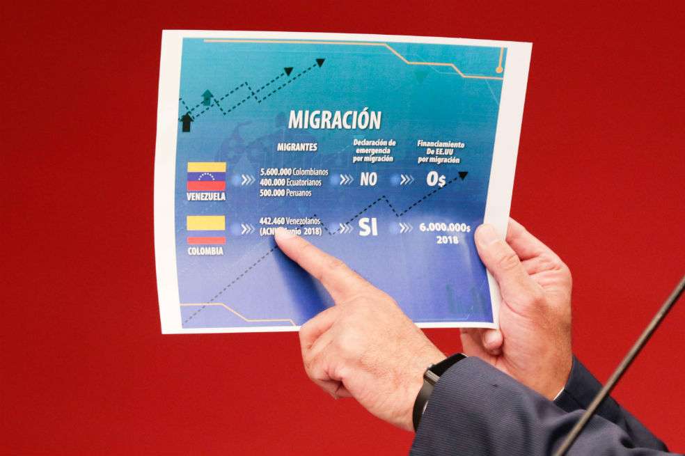 El ministro de Comunicación, Jorge Rodríguez, muestra cifras y dice que la crisis migratoria es "fake news".  / EFE