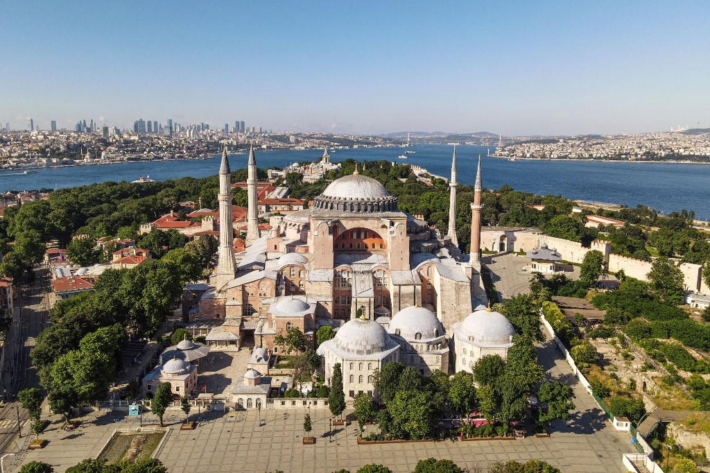 (FILES) In this file photo taken on June 28, 2020 in Istanbul shows Hagia Sophia museum in Istanbul. - A top Turkish court on July 10, 2020 revoked the sixth-century Hagia Sophia's status as a museum, clearing the way for it to be turned back into a mosque. (Photo by Ozan KOSE / AFP)