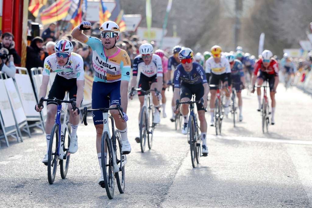 Team NSN Cycling Team's Welsh rider Ethan Vernon (2L) celebrates winning the 4th stage of the 2026 Volta a Catalunya cycling tour of Catalonia, a 151 km race between Mataro and Camprodon, on March 26, 2026. (Photo by Josep LAGO / AFP)