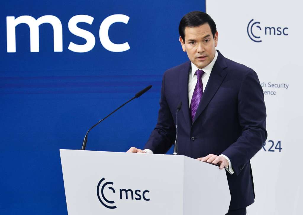 MUNICH (Germany), 14/02/2026.- US Secretary of State Marco Rubio speaks during the 62nd Munich Security Conference (MSC) at the hotel 'Bayerischer Hof', in Munich, Germany, 14 February 2026. The 62nd Munich Security Conference, running from 13 to 15 February 2026, is expected to host around 50 world leaders. (Alemania) EFE/EPA/RONALD WITTEK