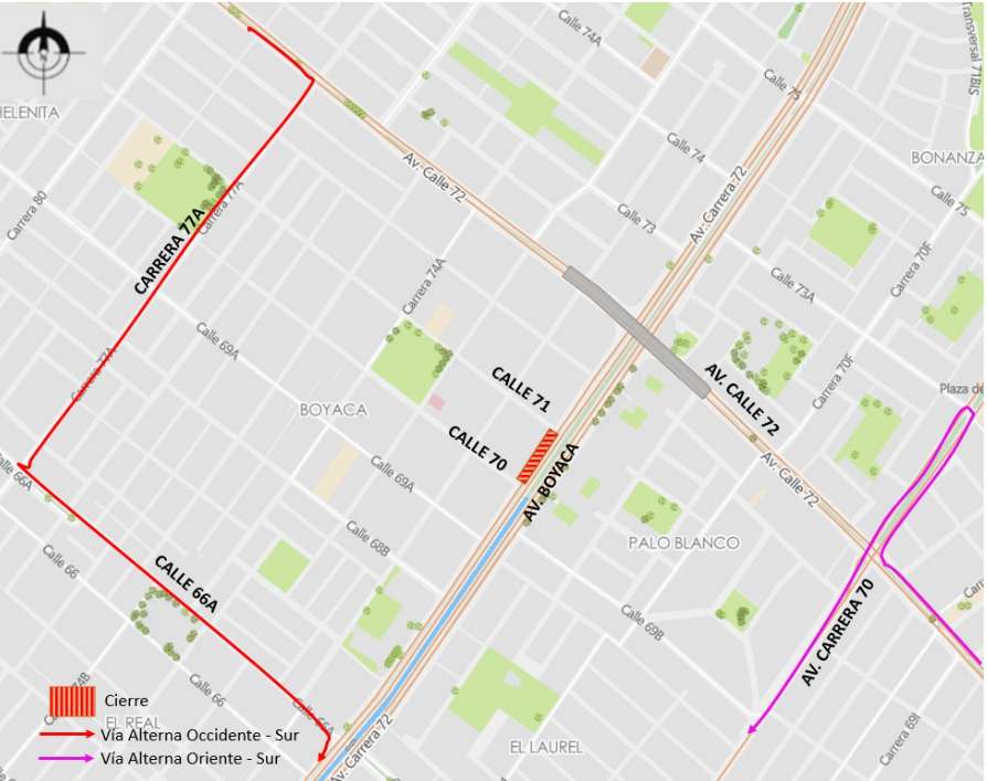 Conozca el cierre total de calzada lenta sentido Norte - Sur en la Av. Boyacá entre calle 71 y calle 70