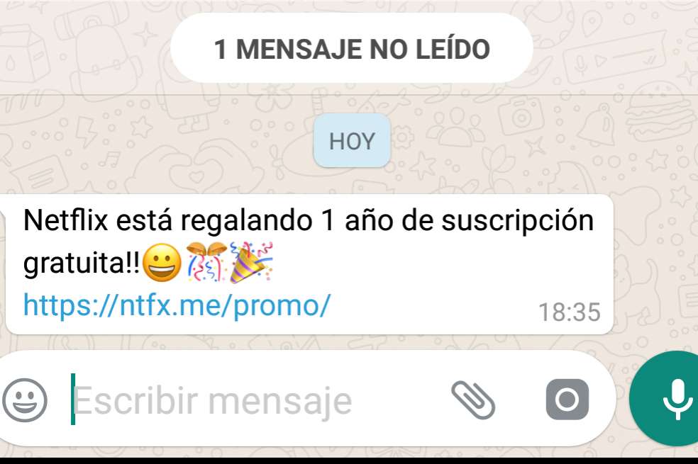 Captura de pantalla del mensaje que circula en WhatsApp sobre la falsa suscripción.