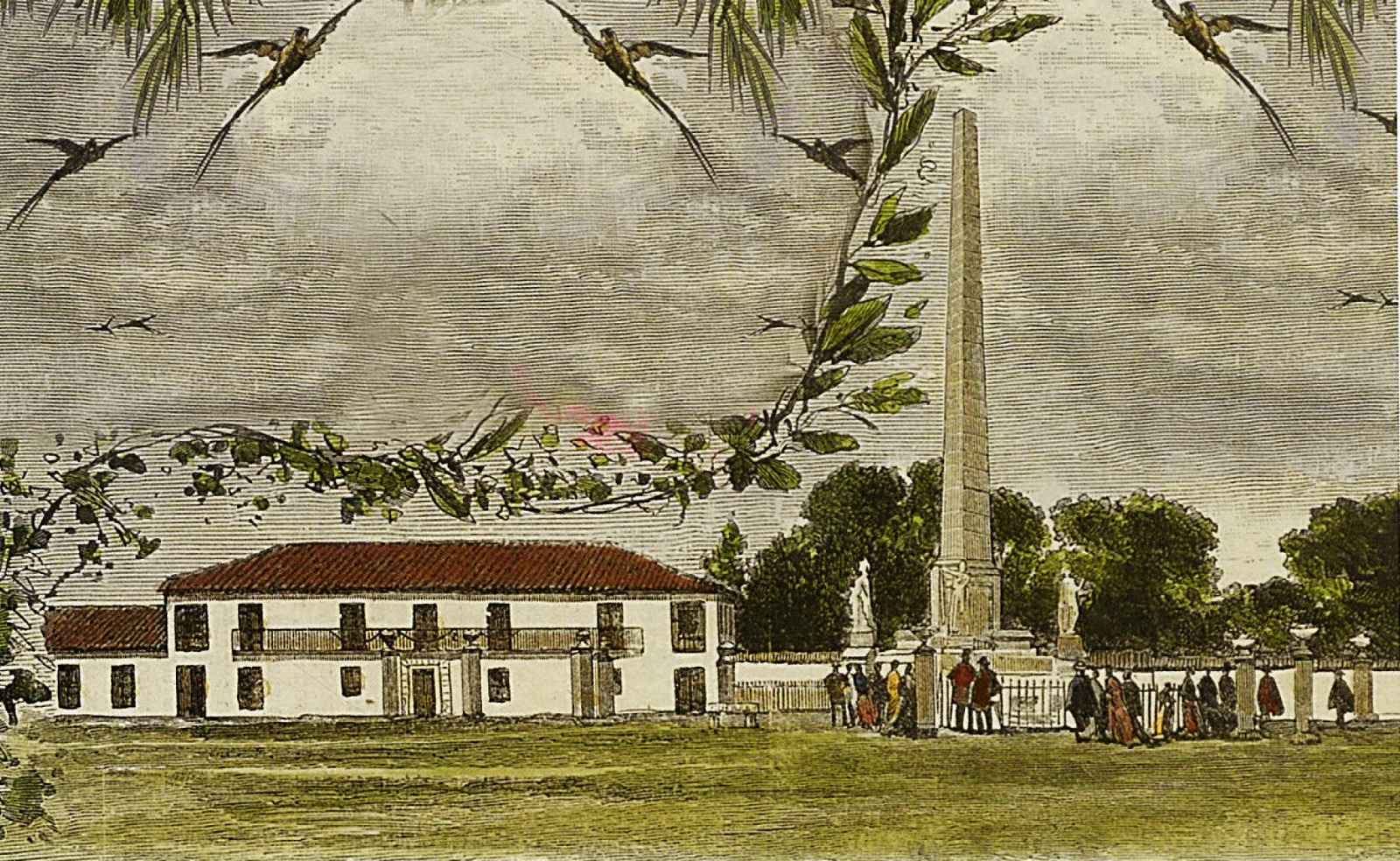 Monumento a los Mártires, diseño de Tomas Reed, grabado iluminadora mano por José Riudavets, en: ¨Recuerdos de Bogotá, capital de los Estados Unidos de Colombia¨, La ilustración española y Americana, año XXVI, N°. 28, Madrid, 30 de julio de 1882, p. 60. Biblioteca Nacional de Colombia, Bogotá. Fuente: Rodrigo de J. García Estrada; Juan Felipe Córdoba. _1816: El terror y la sangre sublime_ (Bogotá: Editorial Universidad del Rosario, 2016).