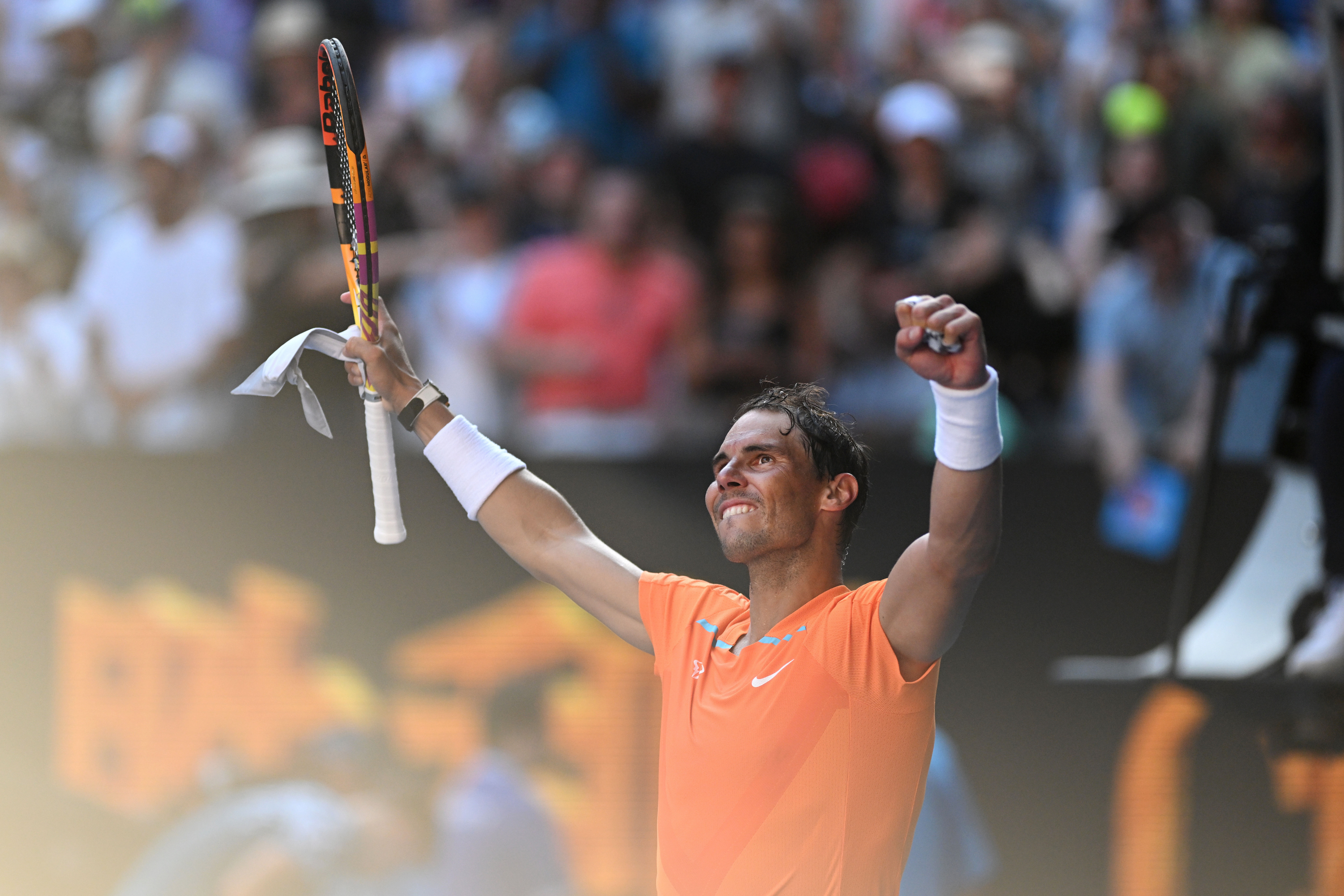 Melbourne (Australia), 16/01/2023.- Rafael Nadal of Spain celebrates after winning his Men'Äôs Singles 1st round match against Jack Draper of Great Britain on Day 1 of the 2023 Australian Open tennis tournament at Melbourne Park in Melbourne, Australia, 16 January 2023 (Tenis, Abierto, Gran Bretaña, España, Reino Unido) EFE/EPA/LUKAS COCH AUSTRALIA AND NEW ZEALAND OUT