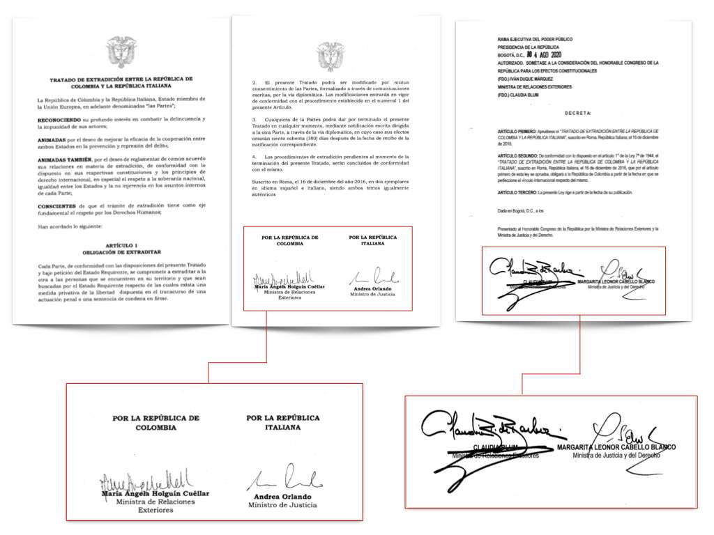 La excanciller María Ángela Holguín firmó con el gobierno de Italia el tratado de extradición con Colombia. Años más tarde, Claudia Bloom, hoy canciller, y Margarita Cabello, exministra de Justicia, presentaron en el Congreso el proyecto de ley para que ese tratado pueda aplicarse en el país.