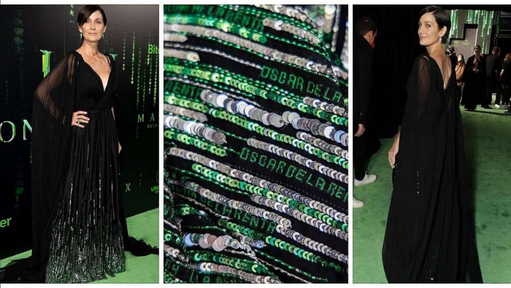 Carrie-Anne Moss (Trinity) acaparó toda la atención con este espectacular diseño de Oscar de la Renta de la premier de The Matrix Resurrections.