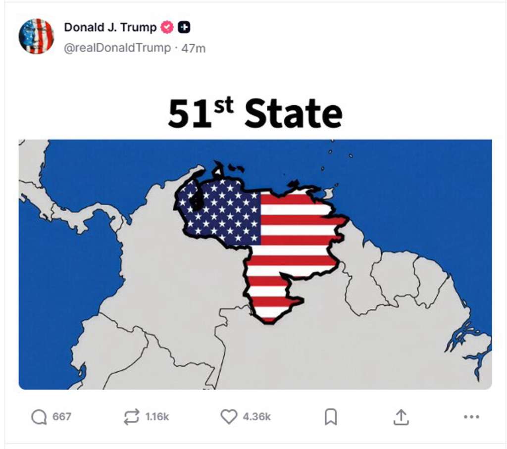 AME1351. BOGOTÁ (COLOMBIA), 12/05/2026.- Imagen difundida este martes en la cuenta de Truth Social @realDonaldTrump del presidente de EE.UU., Donald Trump, de un mapa de Venezuela con la bandera de Estados Unidos y un texto que la identifica como el estado 51. Trump bromeó que está pensando "seriamente" convertir al país en el estado número 51 de EE.UU. EFE/ @realDonaldTrump /SOLO USO EDITORIAL/ SOLO DISPONIBLE PARA ILUSTRAR LA NOTICIA QUE ACOMPAÑA (CRÉDITO OBLIGATORIO)