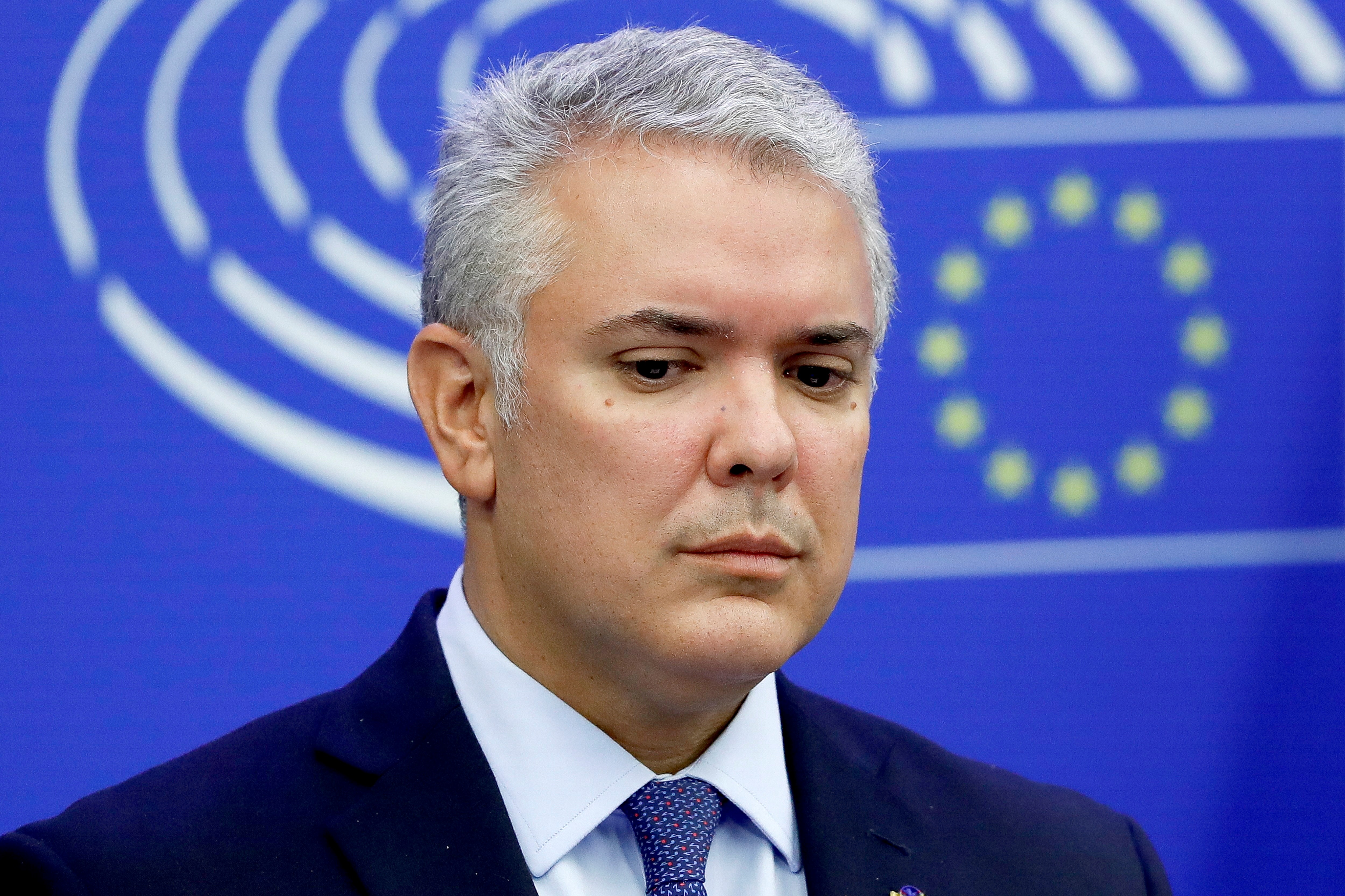 Strasbourg (France), 15/02/2022.- Colombian President Ivan Duque Marquez attends a news conference at the European Parliament in Strasbourg, France, 15 February 2022. The session of the European Parliament runs from 14 until 17 February. (Francia, Estrasburgo) EFE/EPA/JULIEN WARNAND
