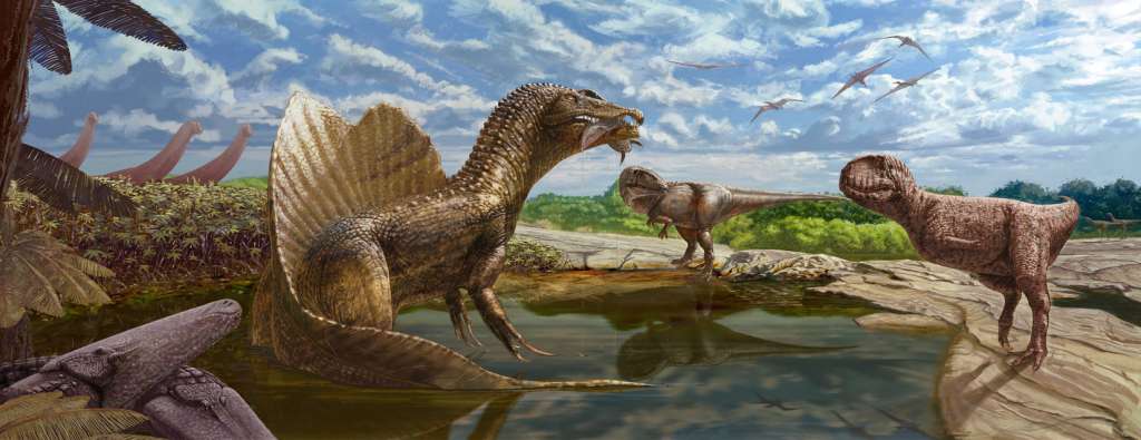 Reconstrucción del paleoecosistema de la Formación Bahariya del Cretácico Superior del Oasis de Bahariya, Desierto Occidental de Egipto, que muestra diversidad de dinosaurios terópodos de cuerpo grande. Foto:
The Royal Society