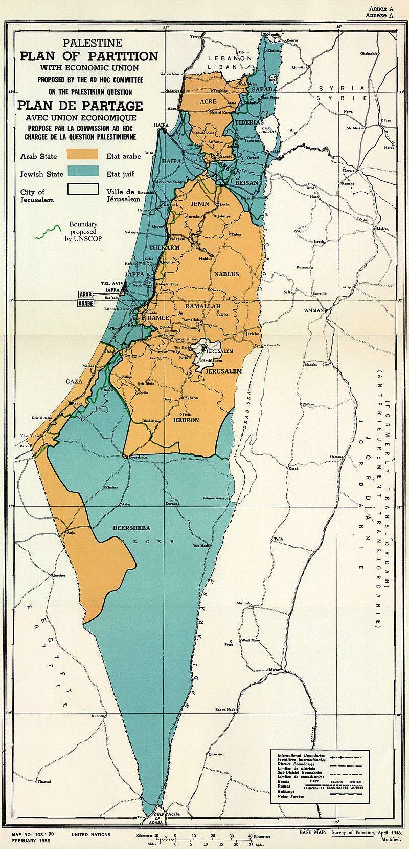 Mapa del plan de las Naciones Unidas para la partición de Palestina en 1947.
