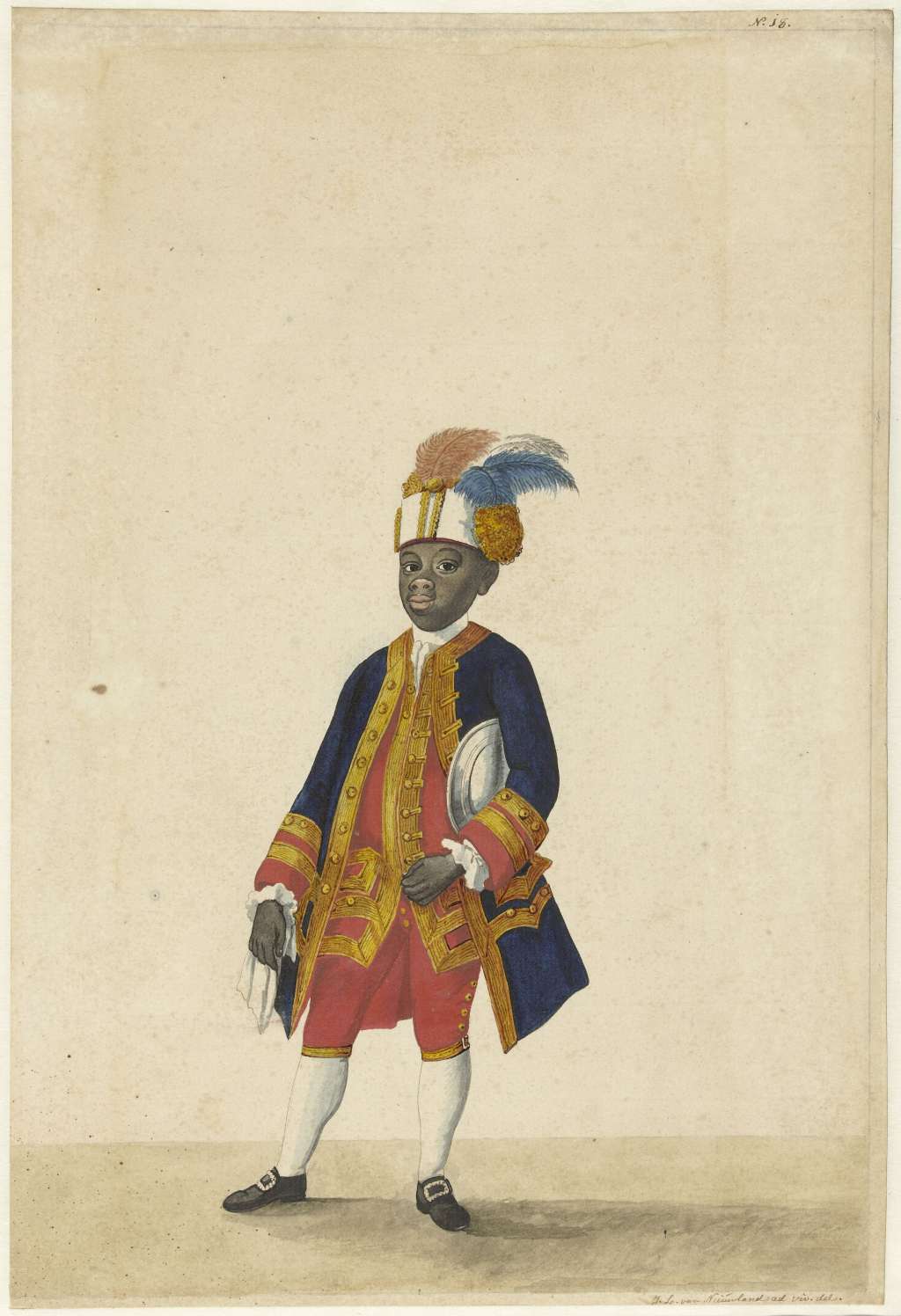 Estudio de vestuario de un sirviente en la corte de Guillermo V. Probablemente llamado “Cupido”, proveniente de Curazao. / Isaac Lodewijk la Fargue van Nieuwland, 1766. © Rijksmuseum, Amsterdam.