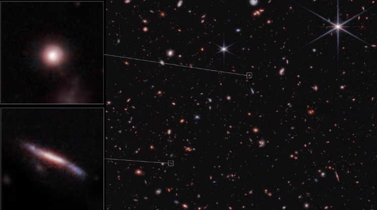 El recuadro en la parte superior izquierda muestra una galaxia que se parece más a una esfera, junto con un ejemplo de una galaxia que aparece como un disco de canto pero que puede clasificarse mejor como alargada. /NASA, ESA, CSA, Steve Finkelstein (UT Austin), Micaela Bagley (UT Austin), Rebecca Larson (UT Austin)