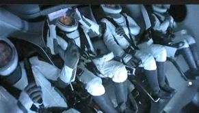 This screen grab shows the first all-civilian crew aboard SpaceX's Inspiration4 before splashdown during their return to Earth off the Florida coast on September 18, 2021. - The four private space tourists aboard a SpaceX capsule are due to return to Earth on Saturday night, touching down off the coast of Florida after three days of orbiting the planet. (Photo by Handout / NASA / AFP) / -----EDITORS NOTE --- RESTRICTED TO EDITORIAL USE - MANDATORY CREDIT "AFP PHOTO / NASA" - NO MARKETING - NO ADVERTISING CAMPAIGNS - DISTRIBUTED AS A SERVICE TO CLIENTS