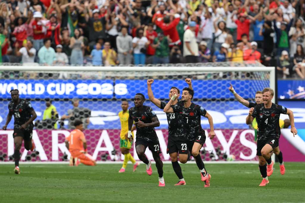 Canada's midfielder #07 Stephen Eustaquio celebrates scoring his team's first goal during the 2026 World Cup round of 32 football match between South Africa and Canada at the Los Angeles Stadium in Inglewood on June 28, 2026. (Photo by Patrick T. Fallon / AFP)