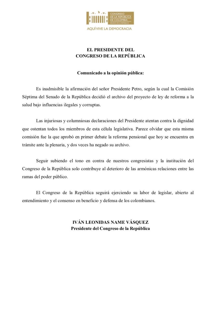 Este es el comunicado del presidente del Senado, Iván Name, sobre las declaraciones del presidente Gustavo Petro.
