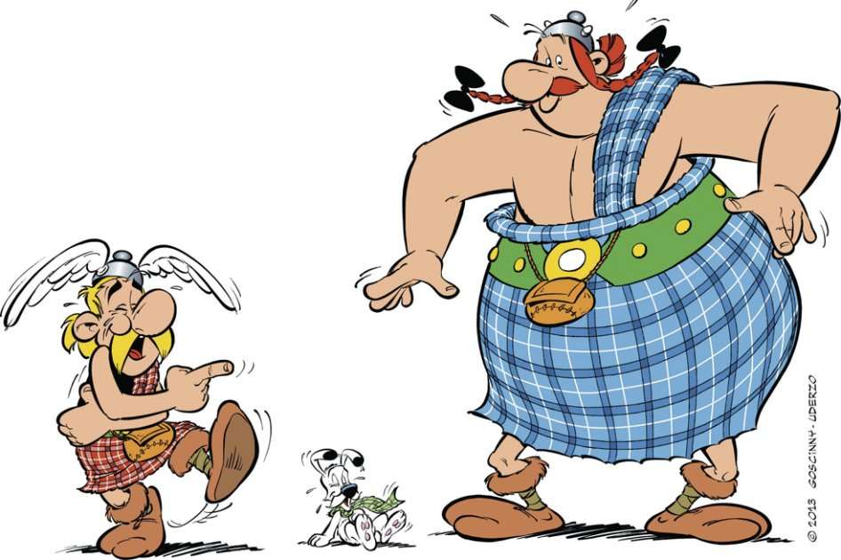 Imagen facilitada por Goscinny-Uderzo correspondiente a la nueva aventura de Astérix y Obélix, que se publicará el próximo octubre y llevará a los irreductibles galos a Escocia./ EFE