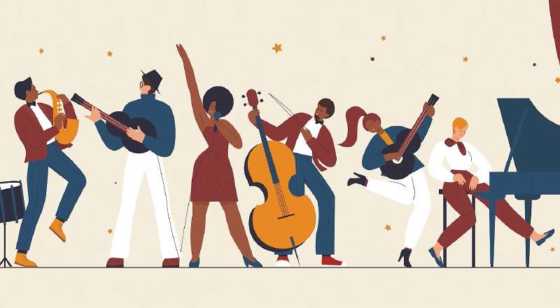 International jazz day, retro music festival party concert vector illustration. Cartoon live music band playing musical instrument, woman singer and musicians with saxophone piano drum background