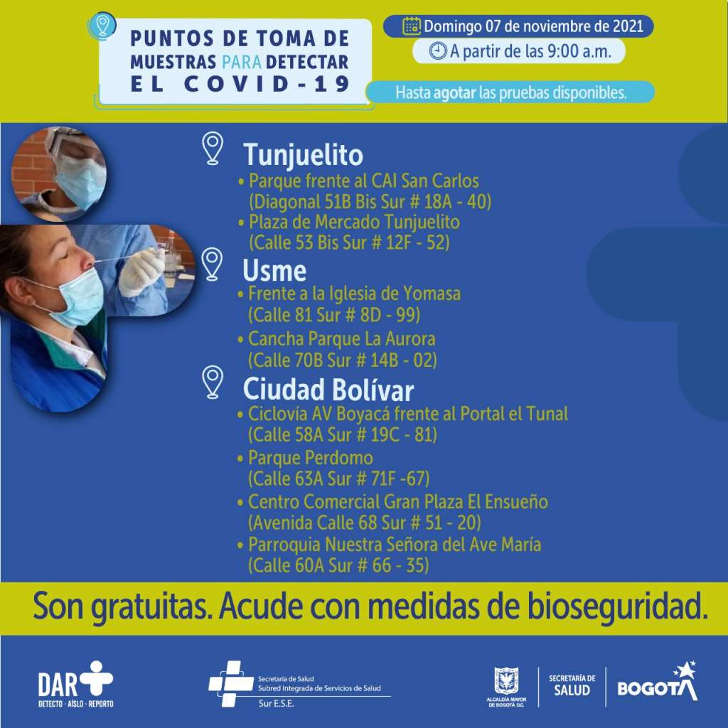 ¿Dónde hay pruebas gratuitas paraCovid-19 este domingo en Bogotá?