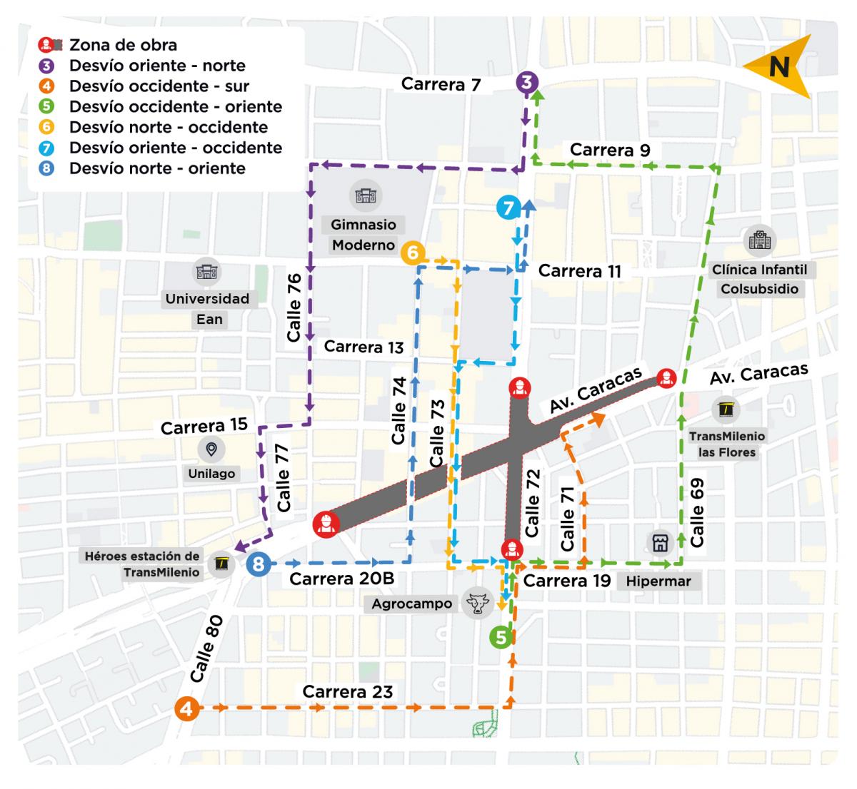 Mapa de los cierres y las rutas de desvío que tendrán que tomar conductores que habitualmente transitan por el tramo norte de la Av. Caracas.