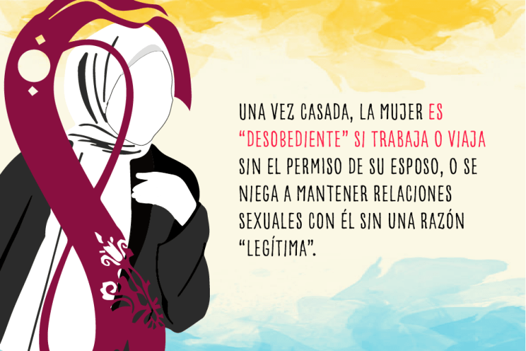 Una vez casada, la mujer es “desobediente” si trabaja o viaja sin el permiso de su esposo, o se niega a mantener relaciones sexuales con él sin una razón “legítima”.