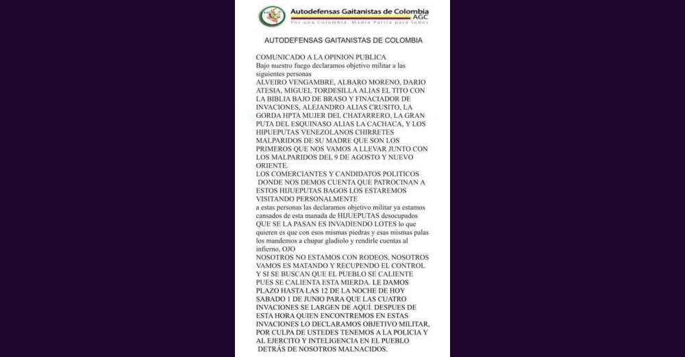 Amenazas del Clan del Golfo que circularon los días previos al asesinato de Hurtado.