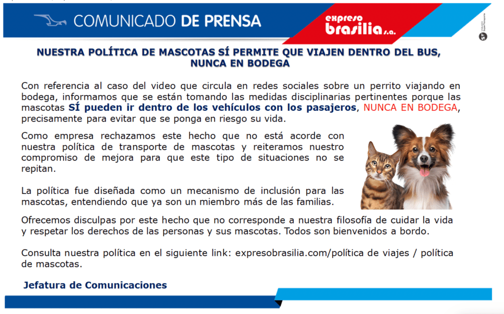 Este es el comunicado que sacó Brasilia, empresa en la que ocurrió el hecho de maltrato animal.