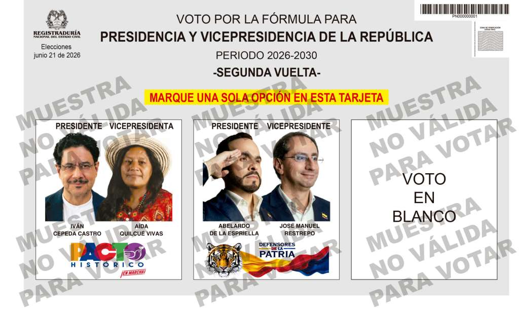 AME8854. BOGOTÁ (COLOMBIA), 05/06/2026.- Imagen cedida por la Registraduría Nacional del Estado Civil de Colombia que muestra el tarjertón electoral que se usará para la segunda vuelta de las elecciones presidenciales en Colombia. Los candidatos que disputarán en segunda vuelta la Presidencia de Colombia el próximo 21 de junio aparecerán en el tarjetón electoral en la misma posición que tuvieron en la primera ronda, en la que aparecían 13 inscritos. EFE/ Registraduría Nacional Del Estado Civil /SOLO USO EDITORIAL/ NO VENTAS/ SOLO DISPONIBLE PARA ILUSTRAR LA NOTICIA QUE ACOMPAÑA (CRÉDITO OBLIGATORIO)