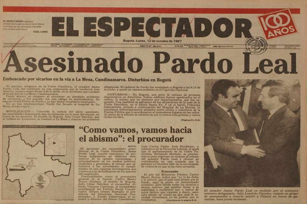 Así informó El Espectador sobre el asesinato de Pardo Leal, en 1987.