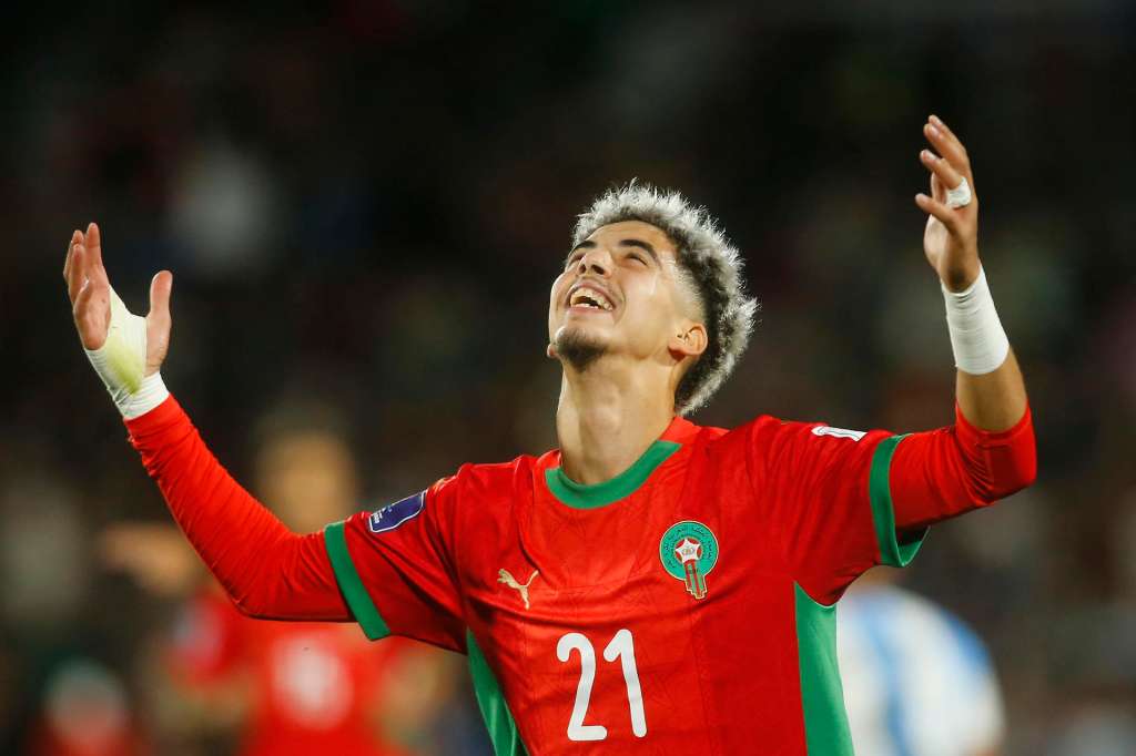 AMDEP7076. SANTIAGO (CHILE), 19/10/2025.- Yassir Zabiri de Marruecos celebra un gol este domingo, en el partido de la final de la Copa del Mundo Sub-20 entre Argentina y Marruecos en el estadio Nacional Julio Martínez Prádanos en Santiago (Chile). EFE/ Esteban Garay