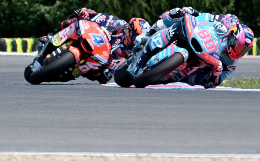 Team MT Helmets - MSi's Ivan Ortola (L) races to win the Moto2 event in front of Team CFMoto Aspar Racing Team's David Alonso (R) prior to the MotoGP Grand Prix of Czechia in Brno, Czech Republic, on June 21, 2026.